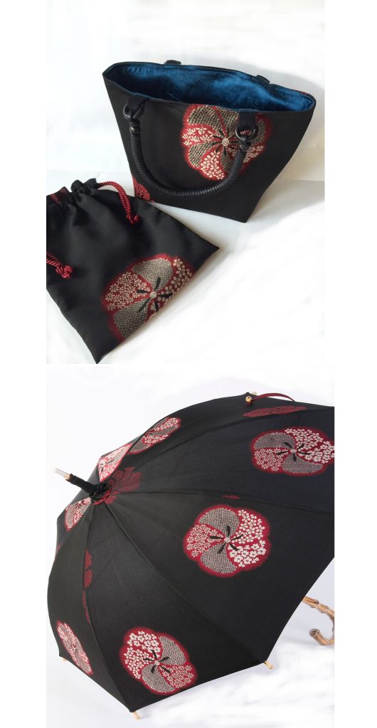 日傘とお揃いが粋な「縫い取りお召し」のバッグ＆巾着