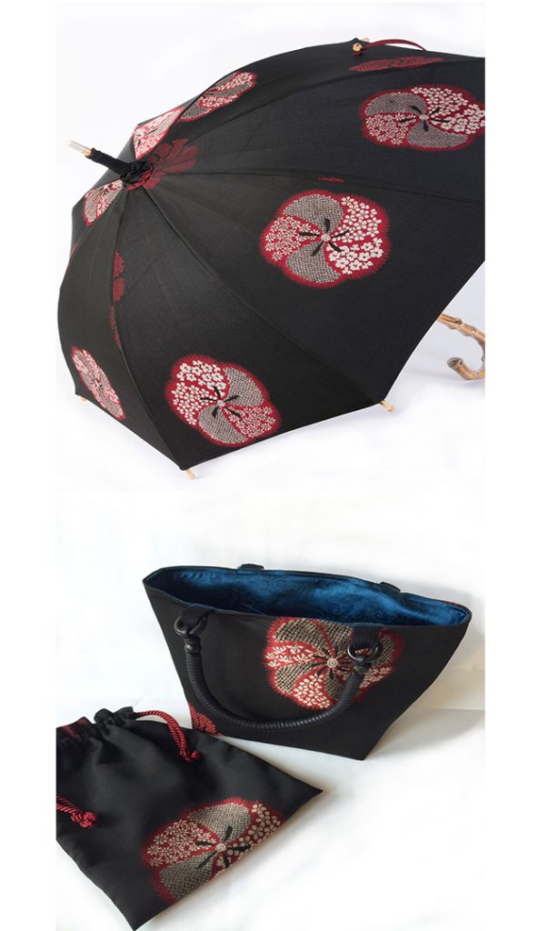 「縫い取りお召し」のアンティーク創作日傘・お揃いバッグ・巾着　住川有子と田中晶子の豪華コラボ